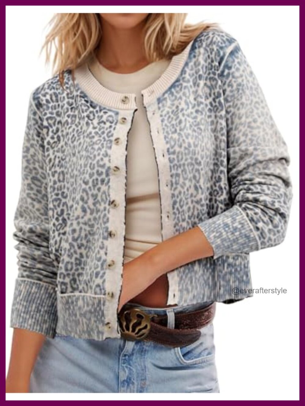 Leopard Cropped Button Up Cardigan Crew Neck Long Sleeve Knit Sweater
